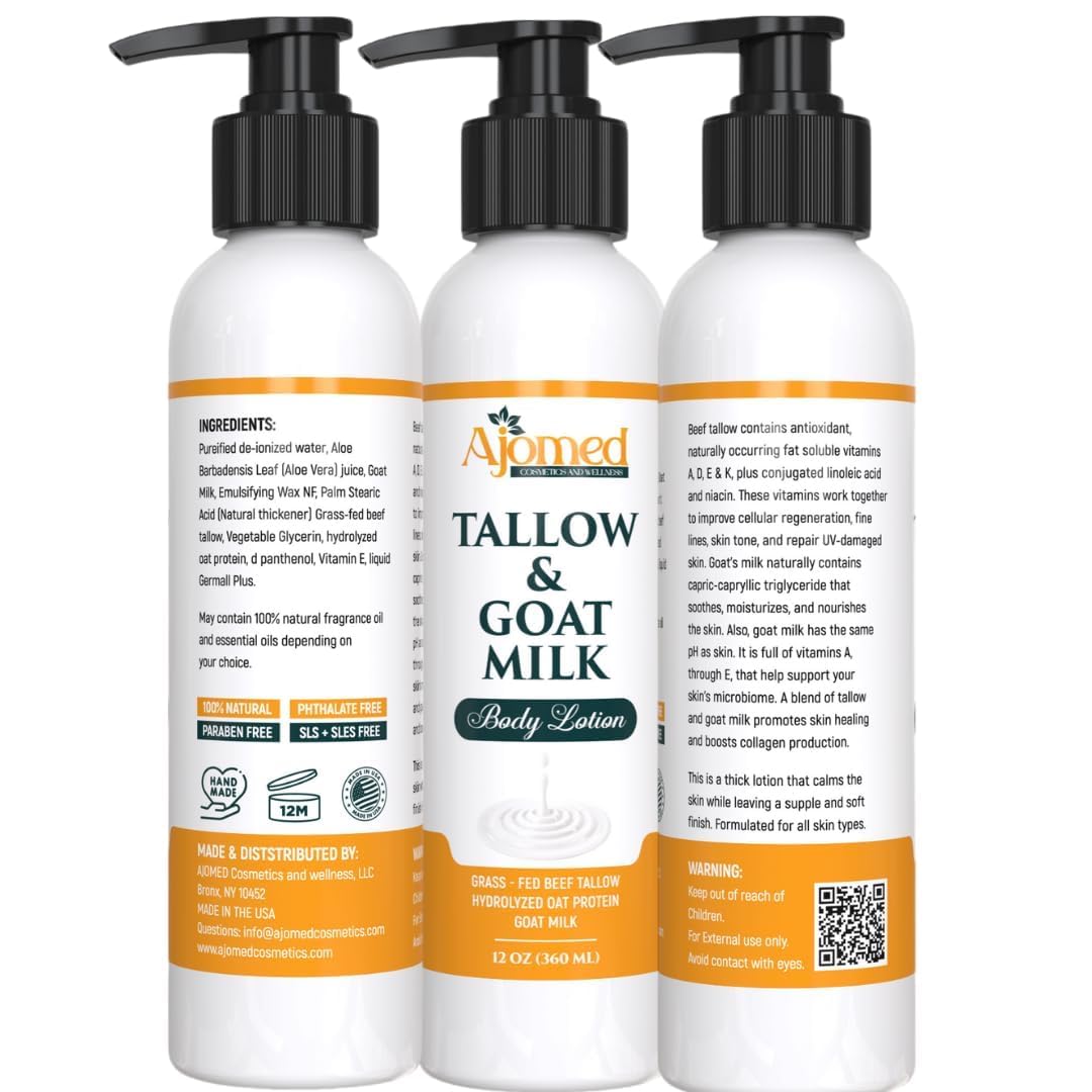 Goat milk and tallow blend for natural skin nourishment.