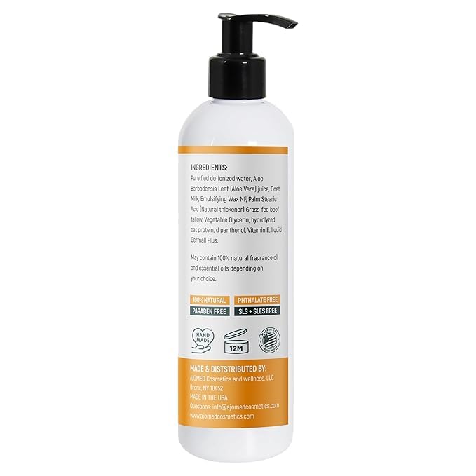 Grass-fed tallow and goat milk support skin comfort.