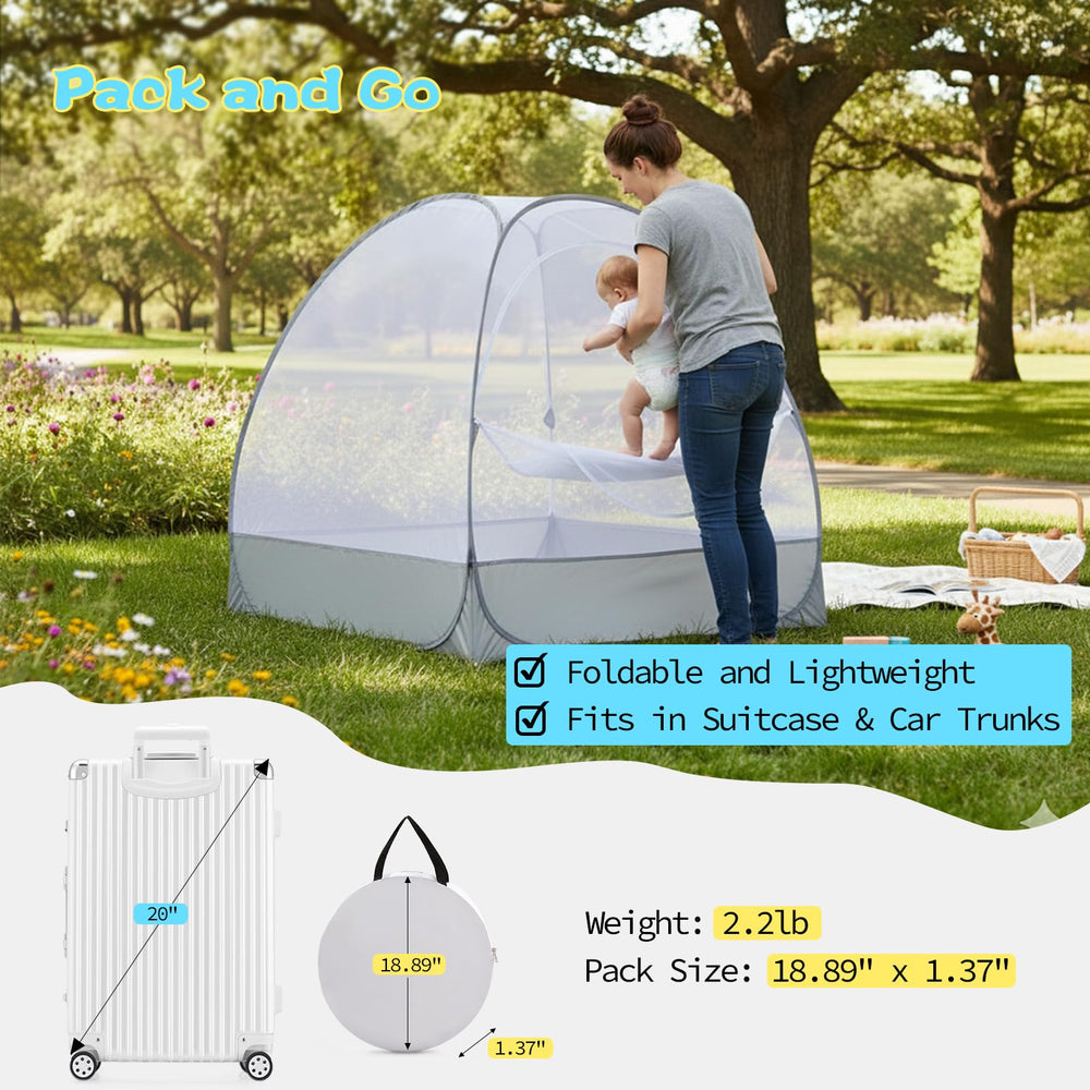 Akiky crib tent with a large opening for easy placement.