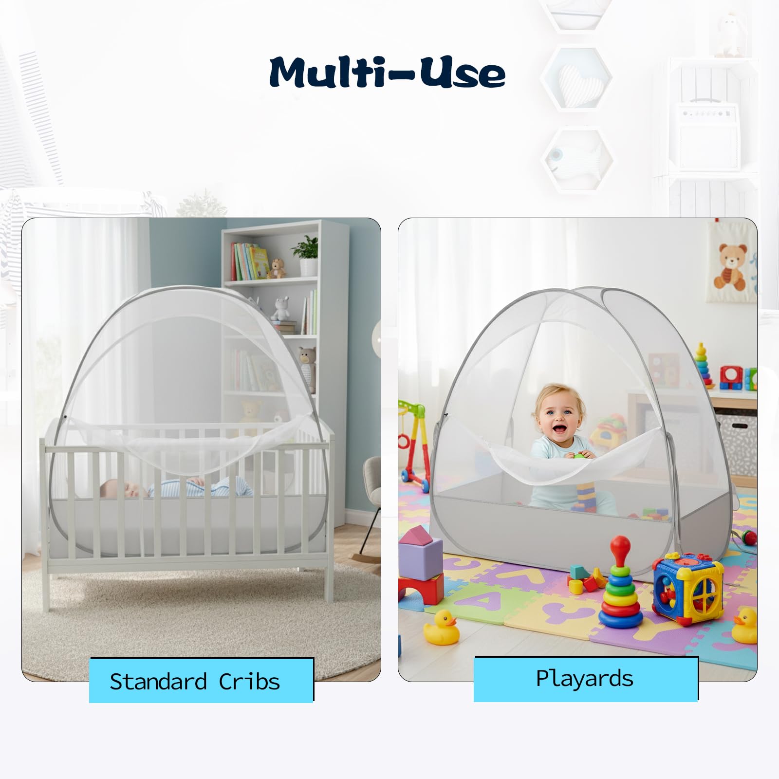 Akiky gray canopy over crib with see-through design.