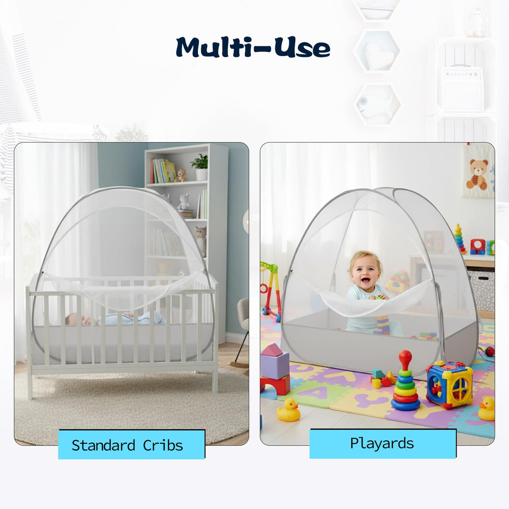 Akiky gray canopy over crib with see-through design.