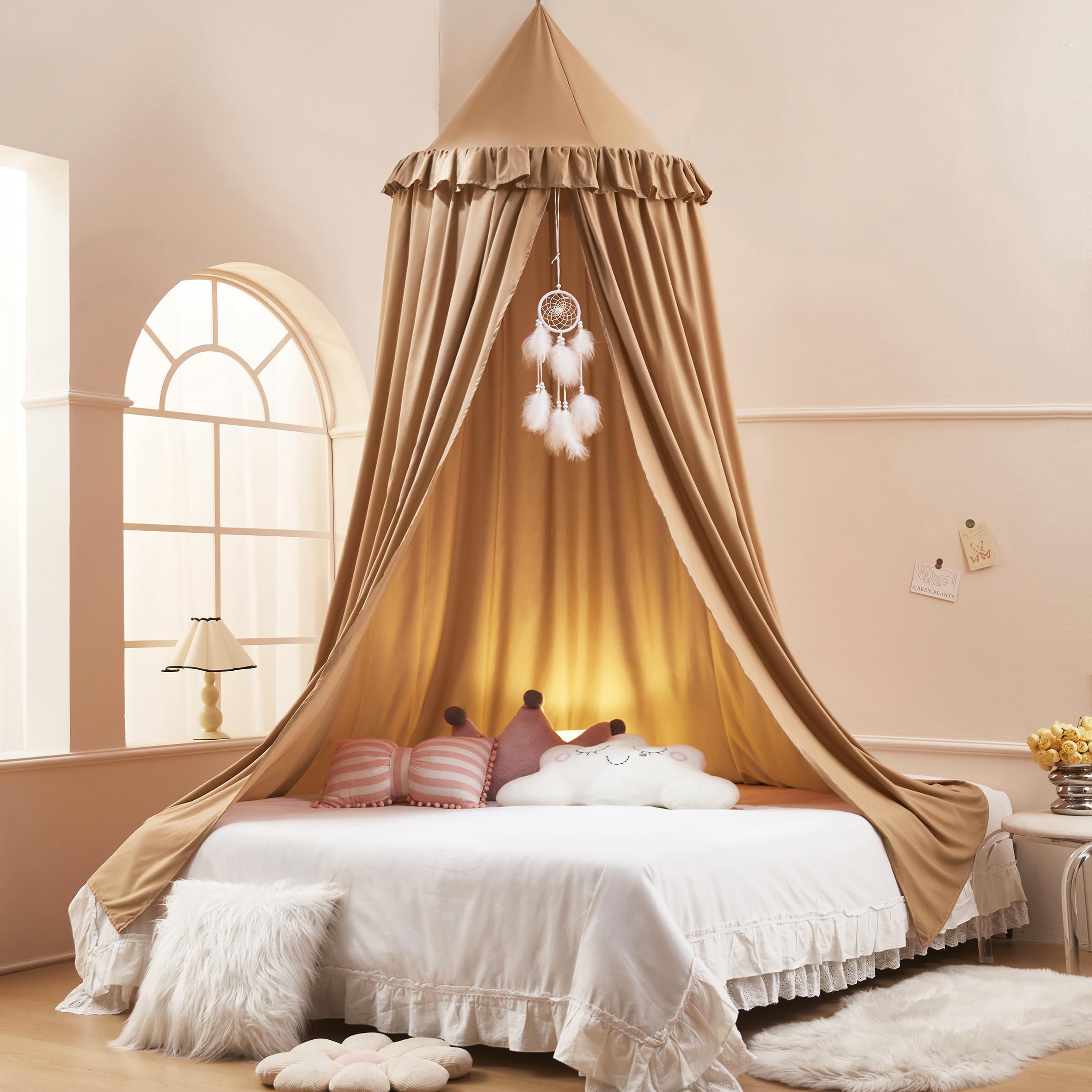 Akiky Kids Bed Canopy with ruffles and dreamcatcher creates a cozy sleep space
