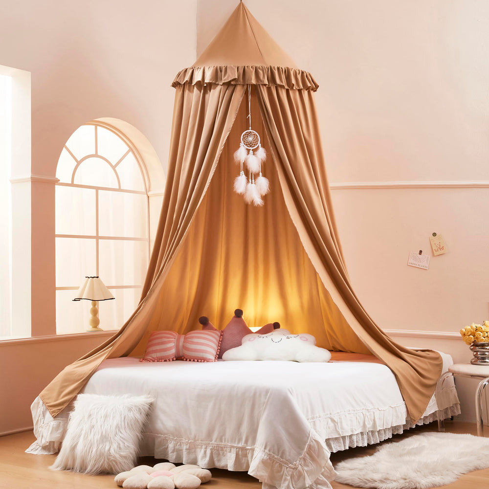 Akiky Kids Bed Canopy with ruffles and dreamcatcher creates a cozy sleep space