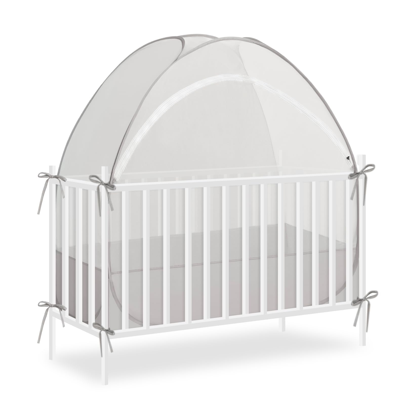 Akiky crib tent over a crib, fully opened for quick setup.