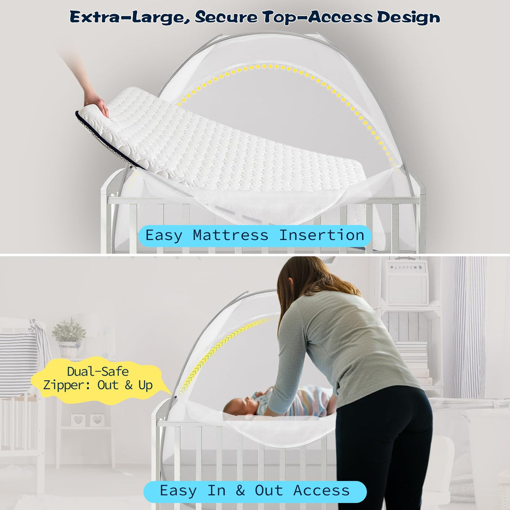 Akiky gray canopy crib tent in a nursery.