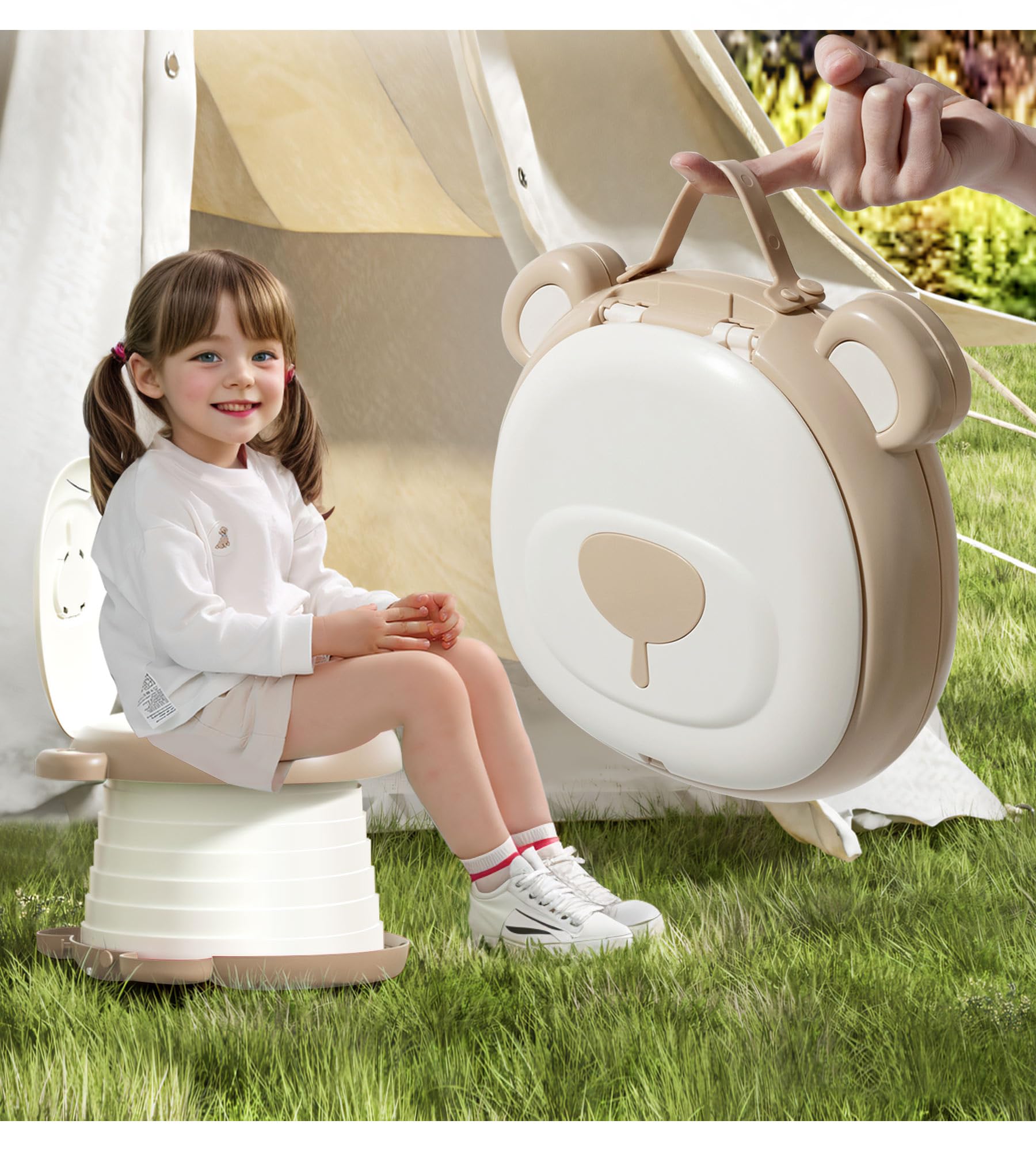 AKIMRABY travel potty seat open for on-the-go use, lightweight and sturdy for toddlers.