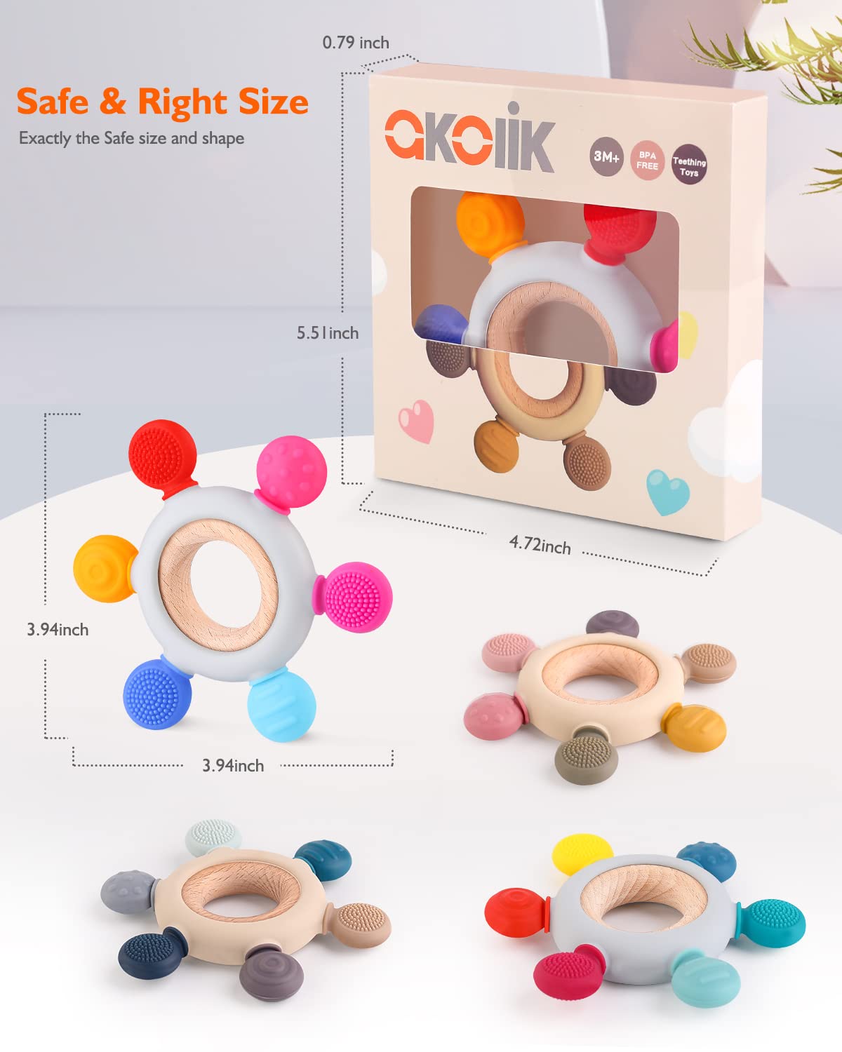 Akolik teether in use by a baby promoting grasping and exploration.