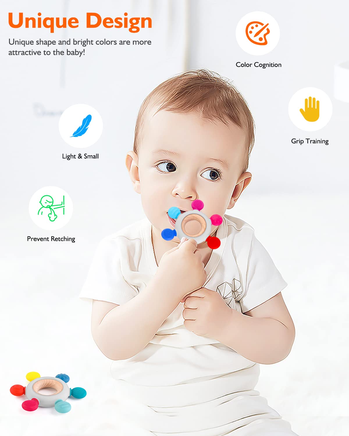 Akolik teether with removable wooden ring for versatile teething options.