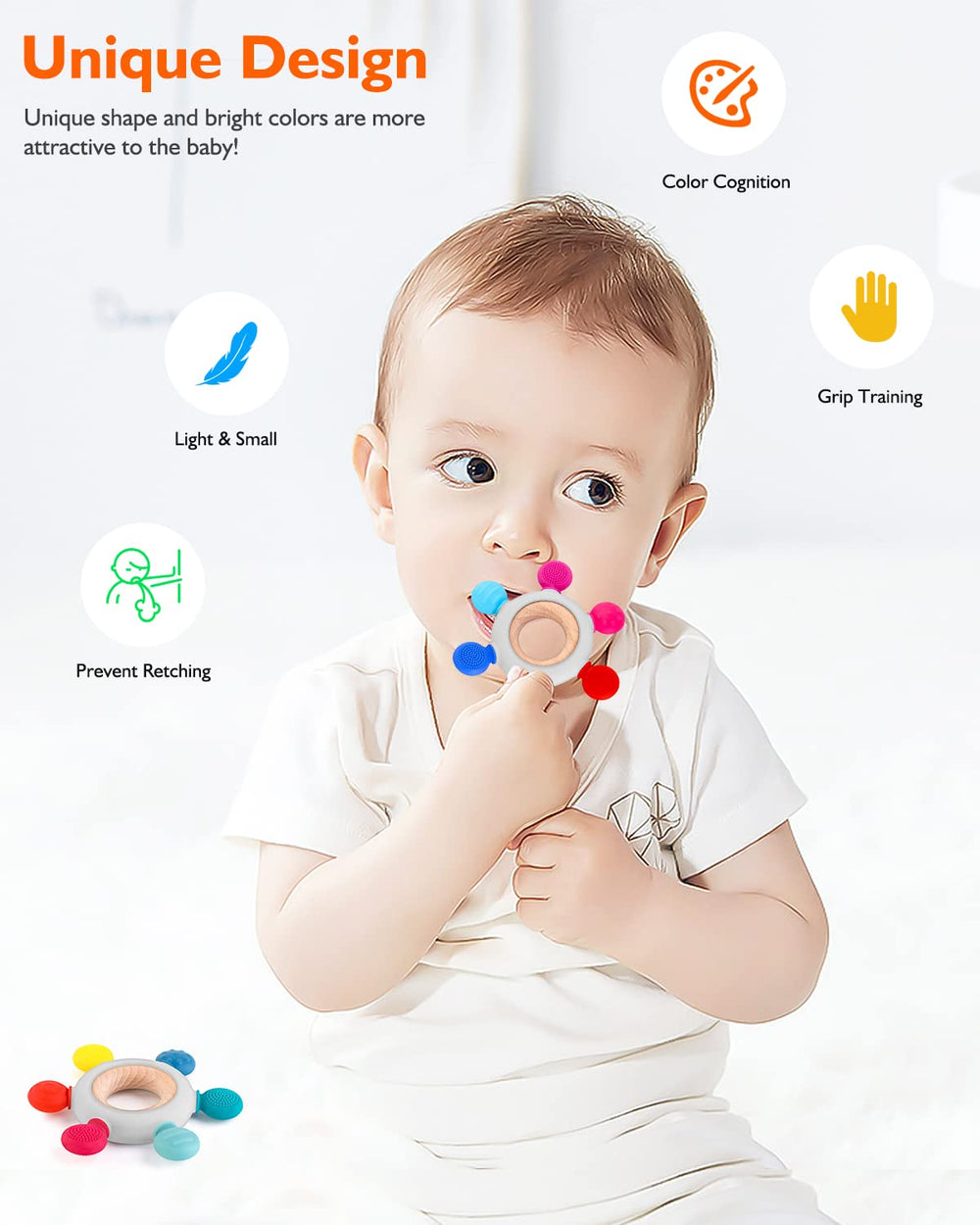 Akolik teether with removable wooden ring for versatile teething options.