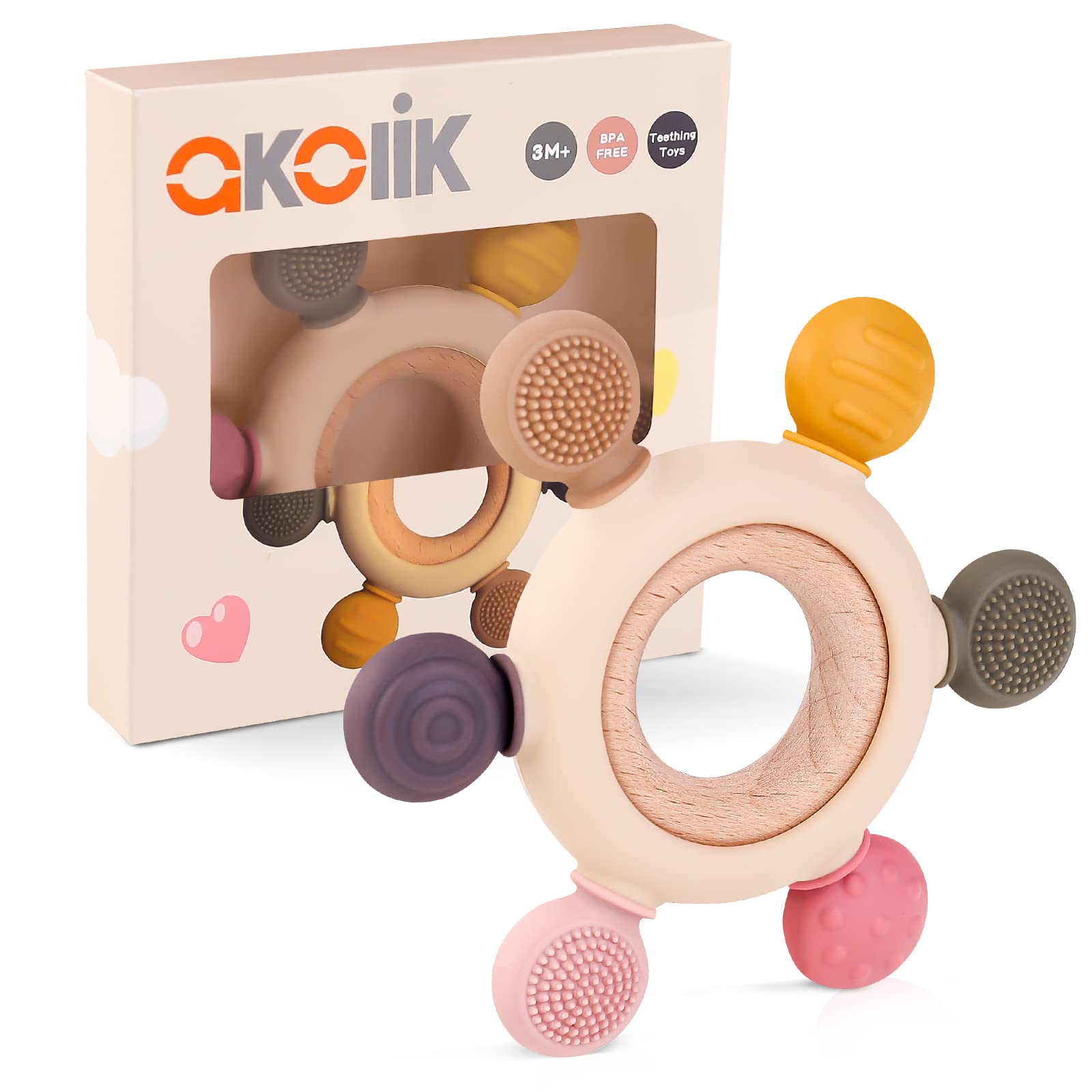 Akolik baby teether with silicone textures for engaging teething play