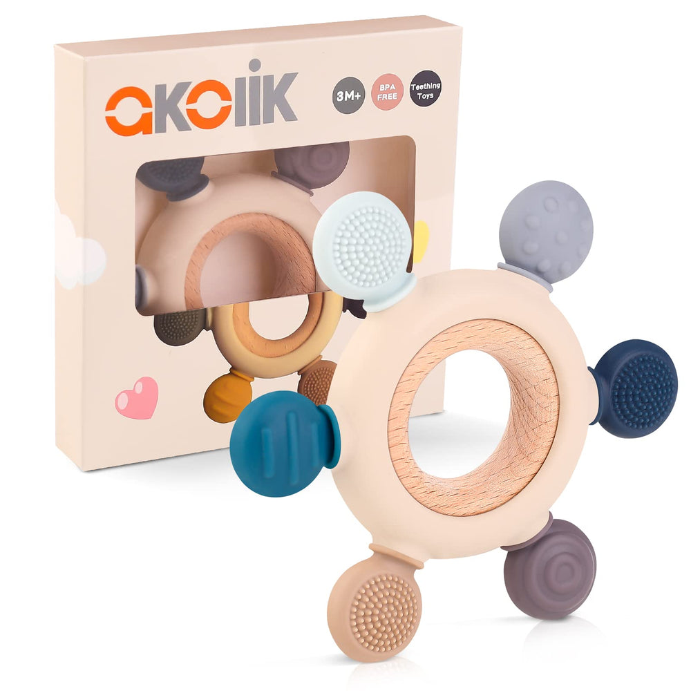 akolik baby teether with silicone textures to soothe gums and encourage grasping