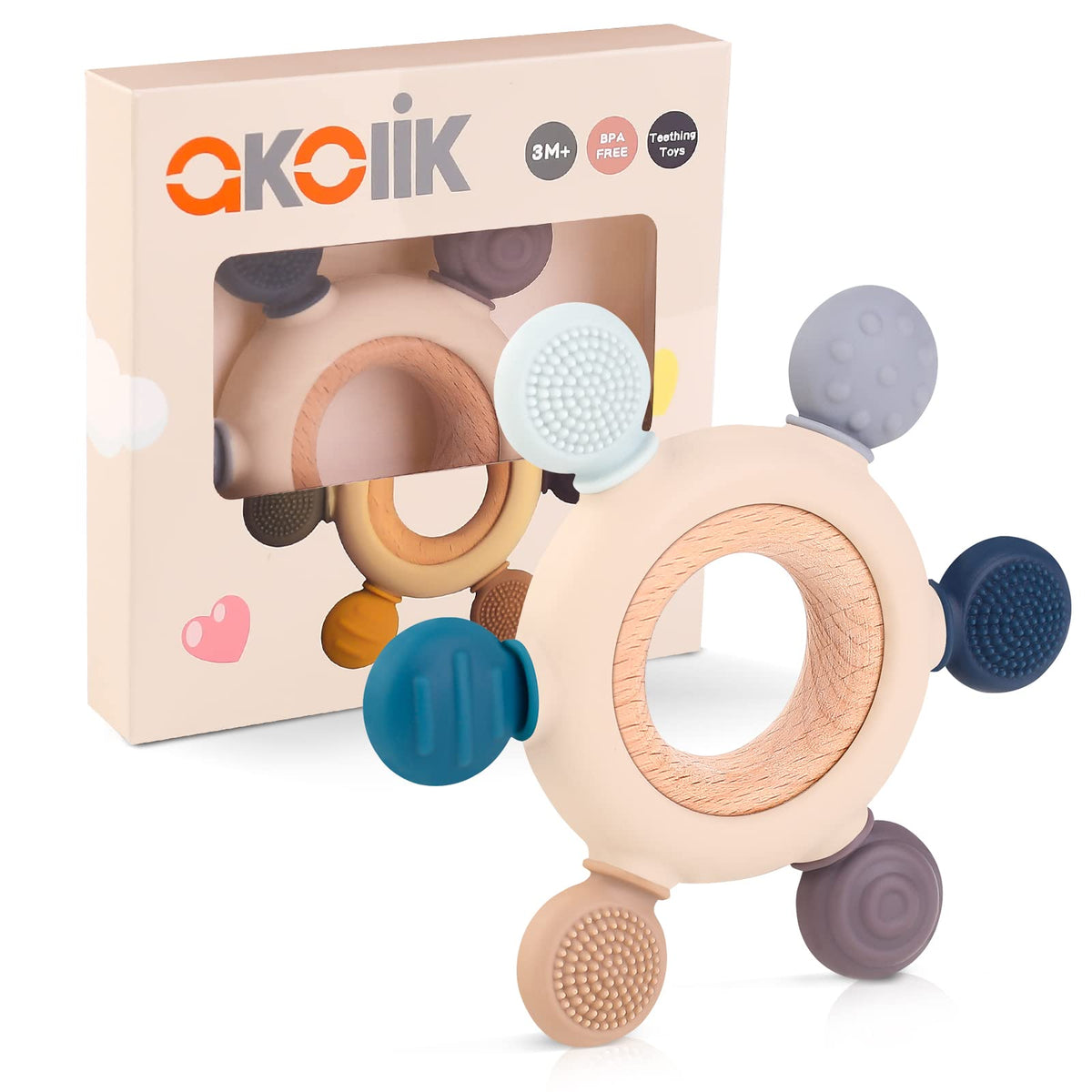 akolik baby teether with silicone textures to soothe gums and encourage grasping