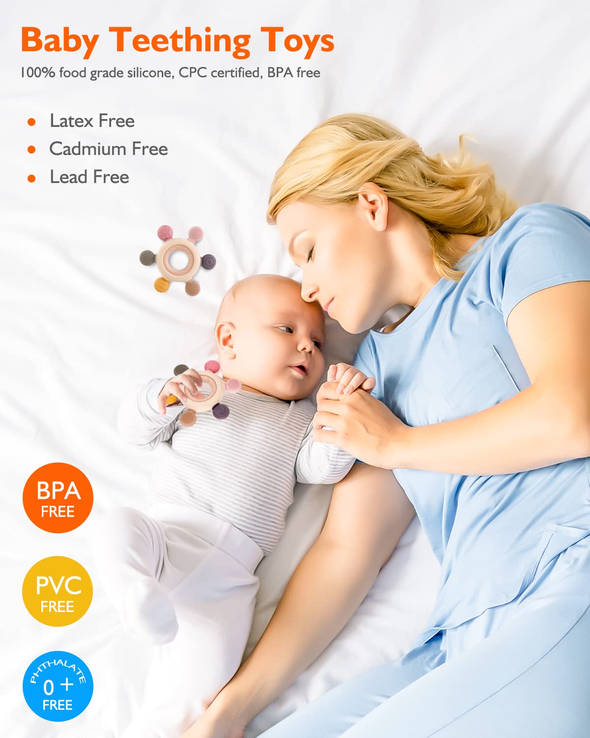 Akolik teether with removable wooden ring for safe handling