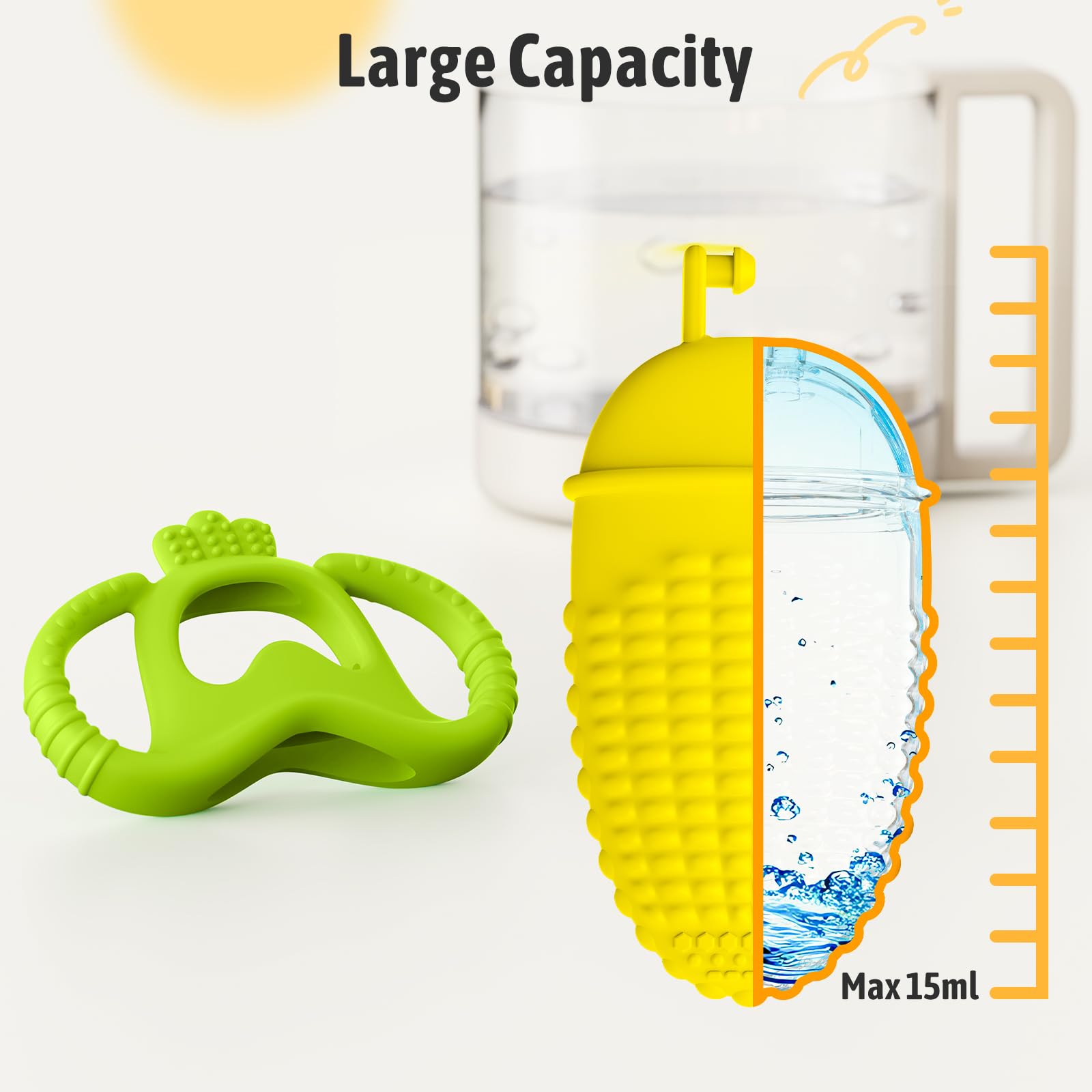 Akolik Corn B teether drain port prevents accidental ingestion
