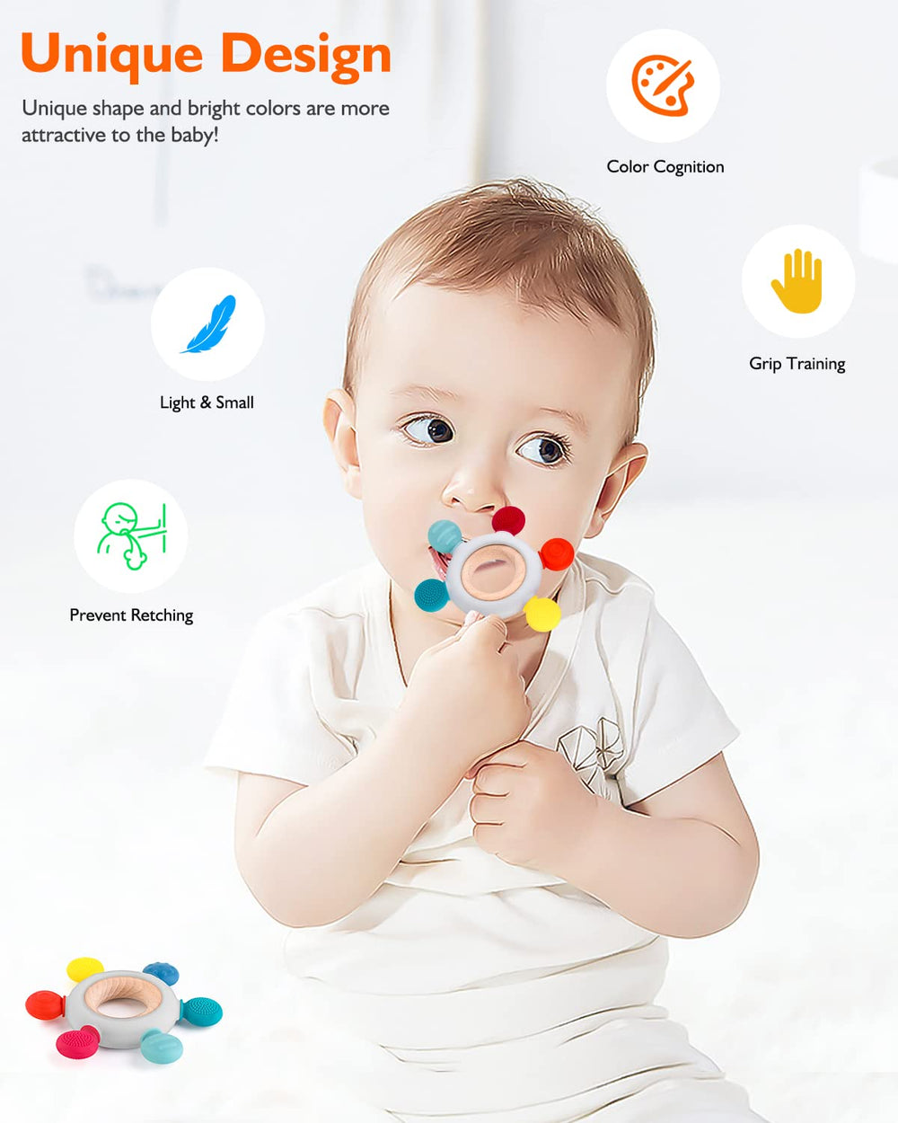 Akolik sensory teether reveals varied textures for exploration.