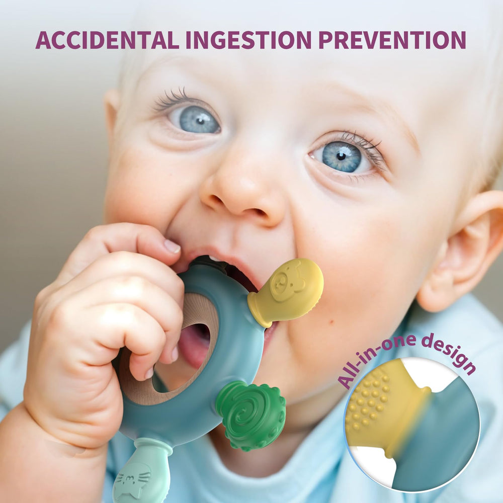 Akolik sensory textures teether provides varied bumps for chewing exploration.