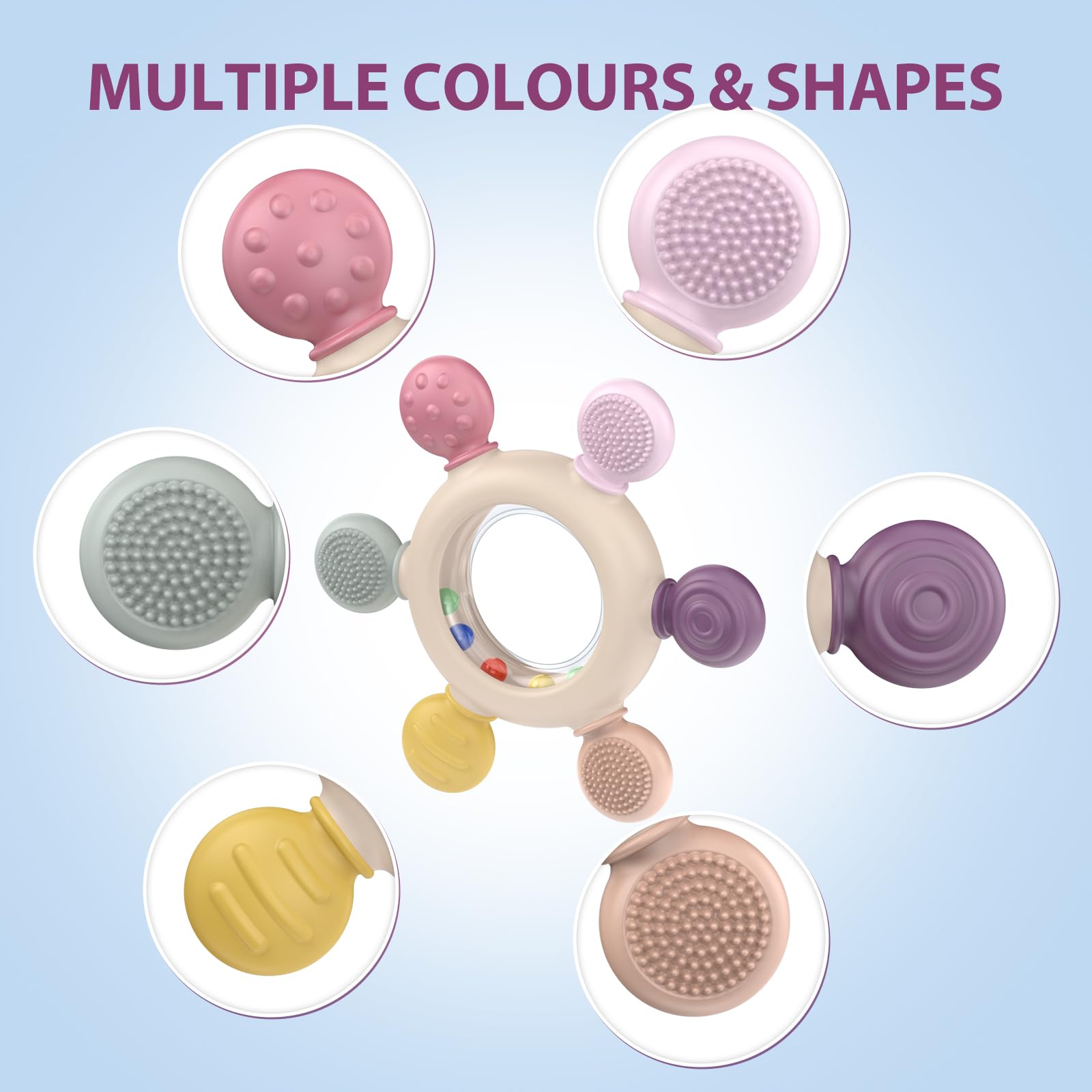 Akolik teething toy shown being held to encourage grasp and play.