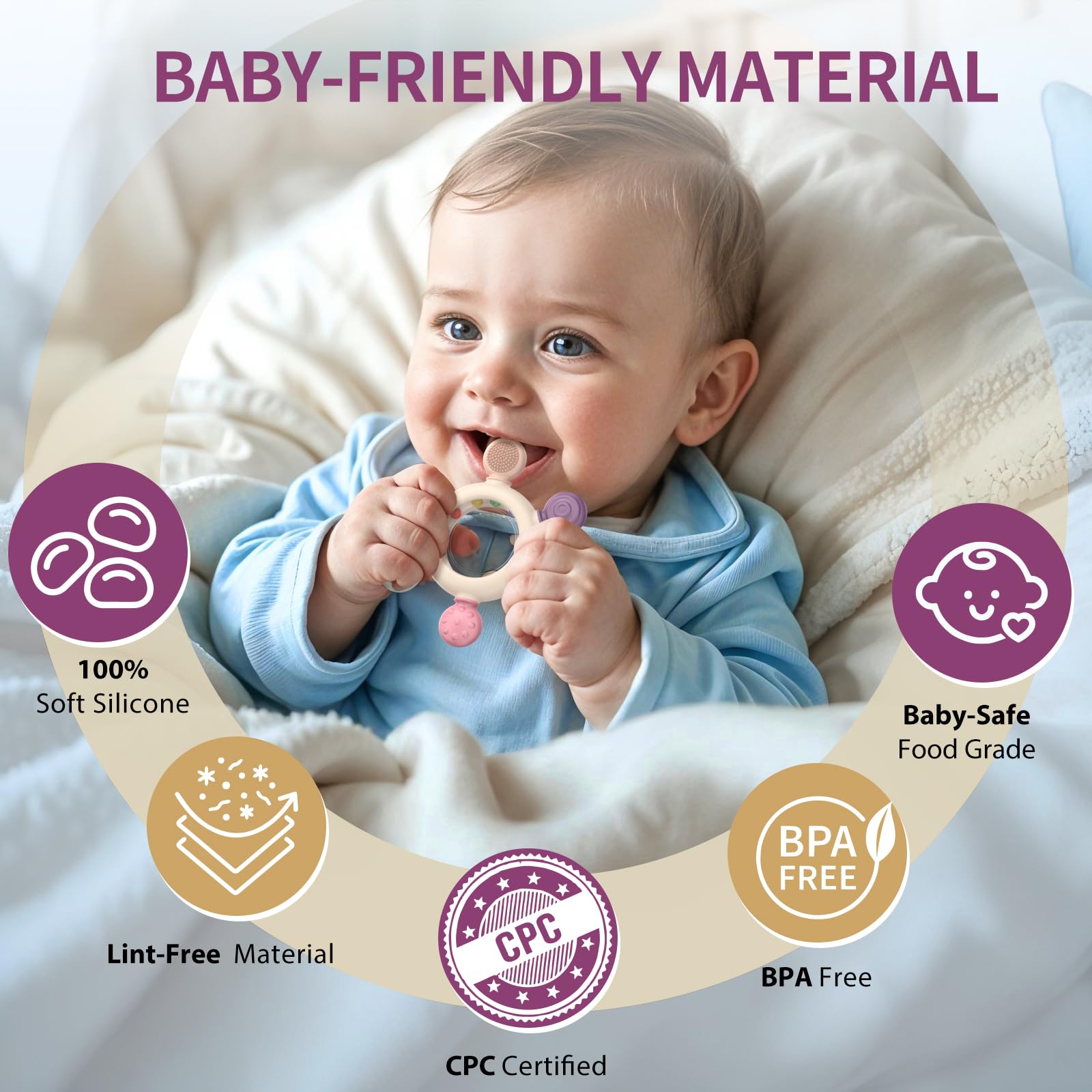 Akolik teething ring with textured large bumps for varied chewing sensation.