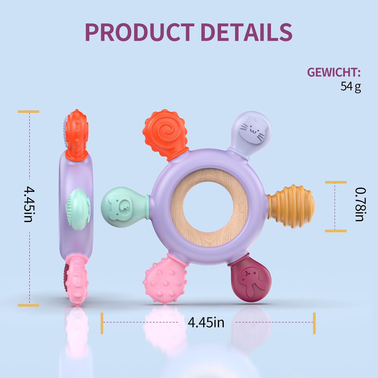 Akolik teething toy cleans easily with mild soap and water.