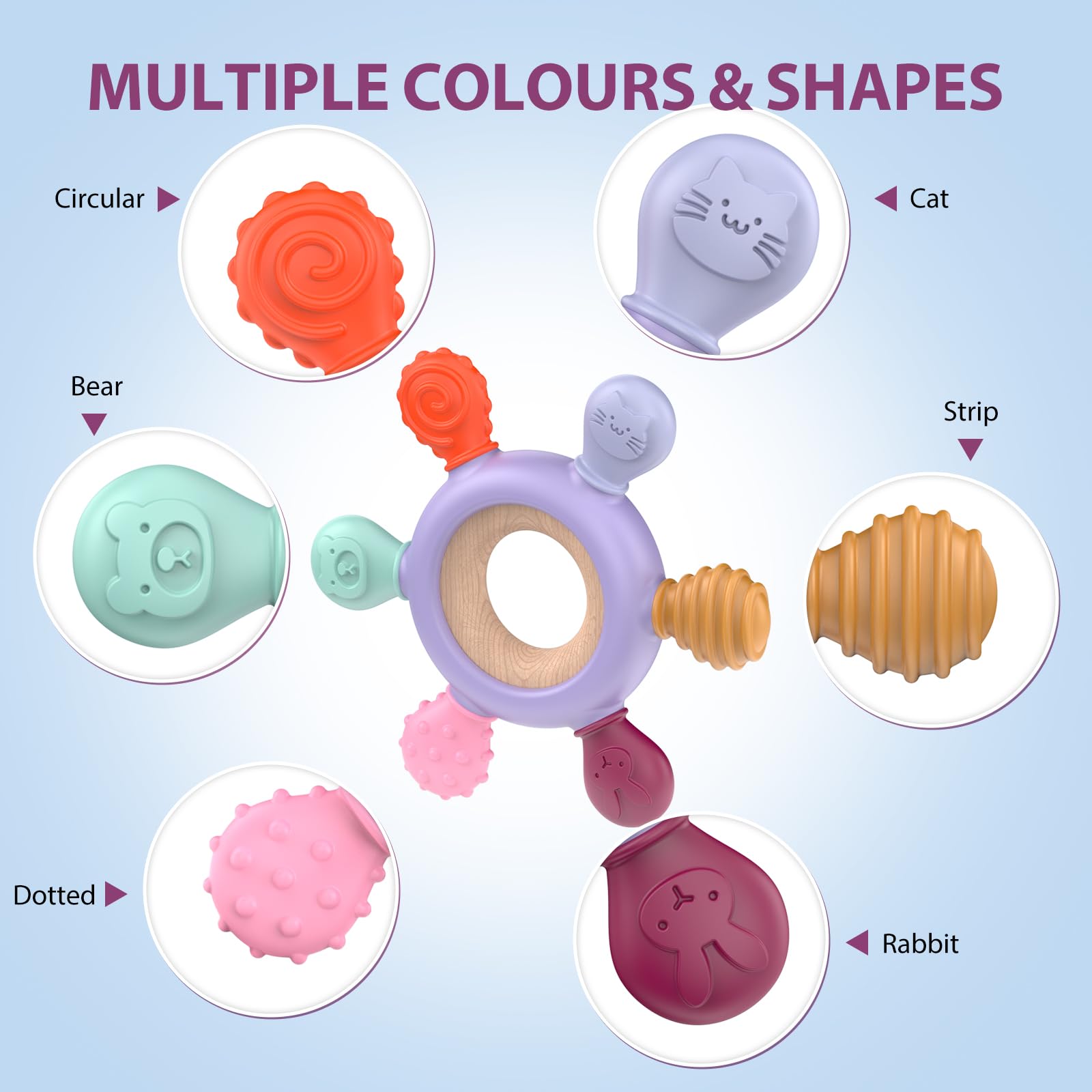 Akolik teething toy silicone textures invite tactile exploration during teething.
