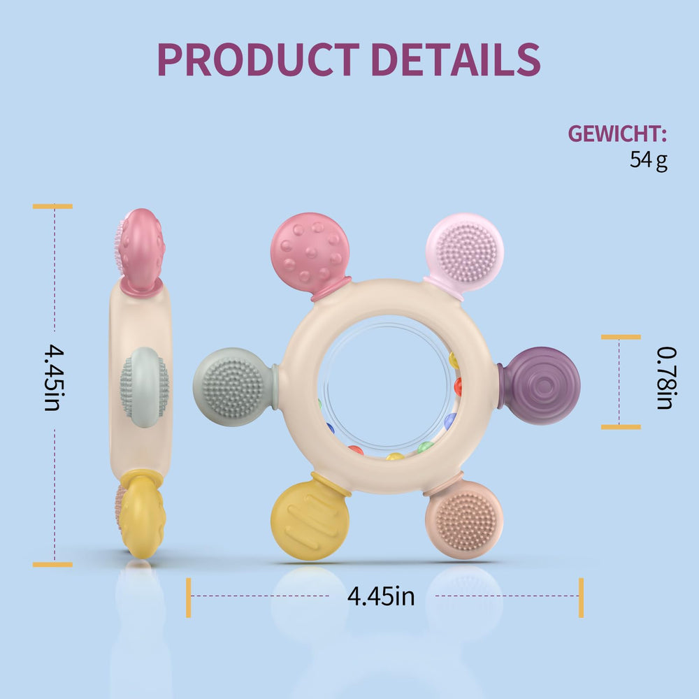 Akolik teether with detachable wooden ring for safe cleaning.