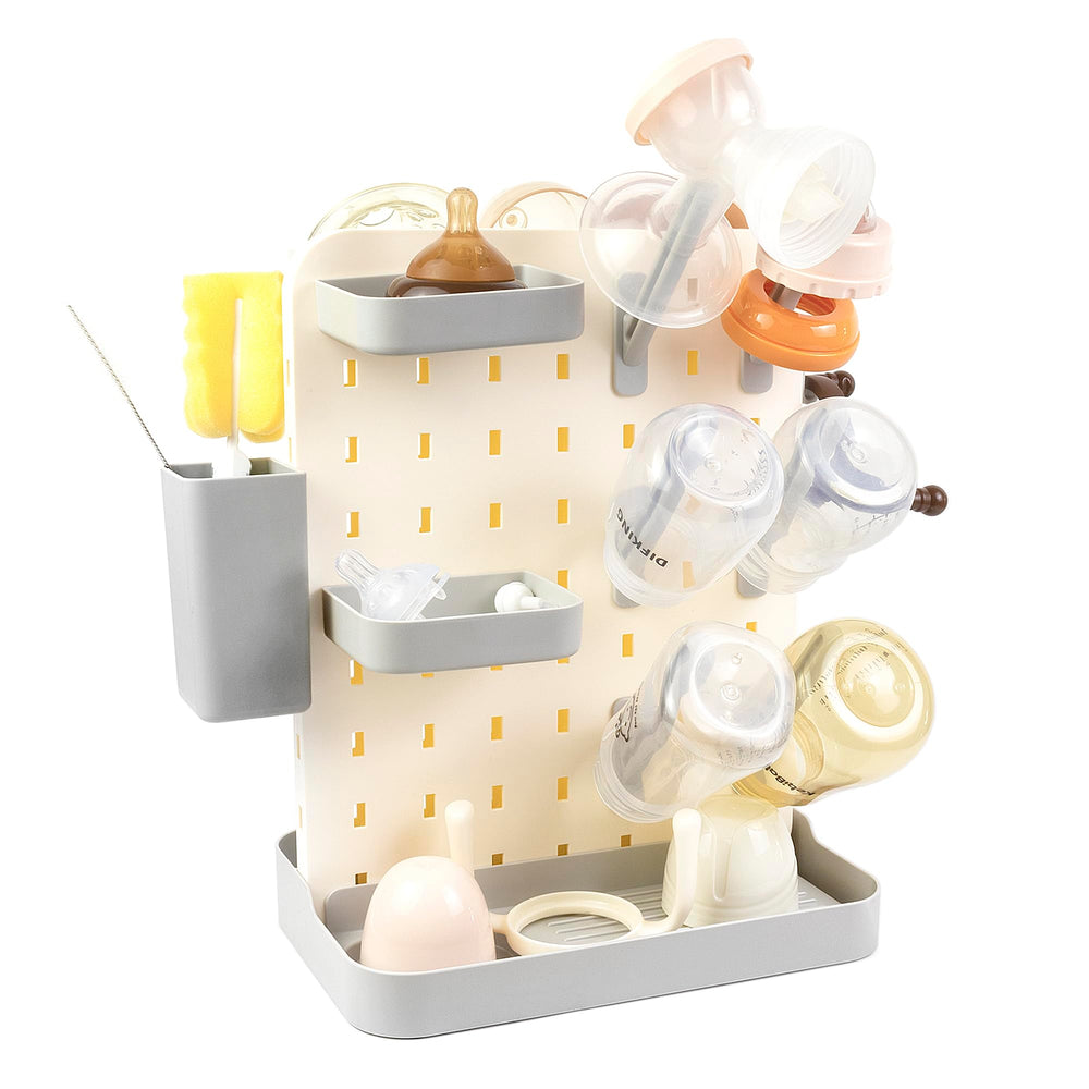 AKS B2C larger baby bottle drying rack gray with brushes holder close-up showing organization