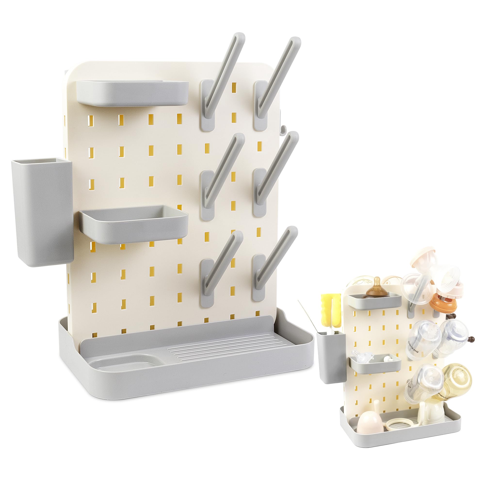 AKS B2C larger baby bottle drying rack gray removable top compartment closeup