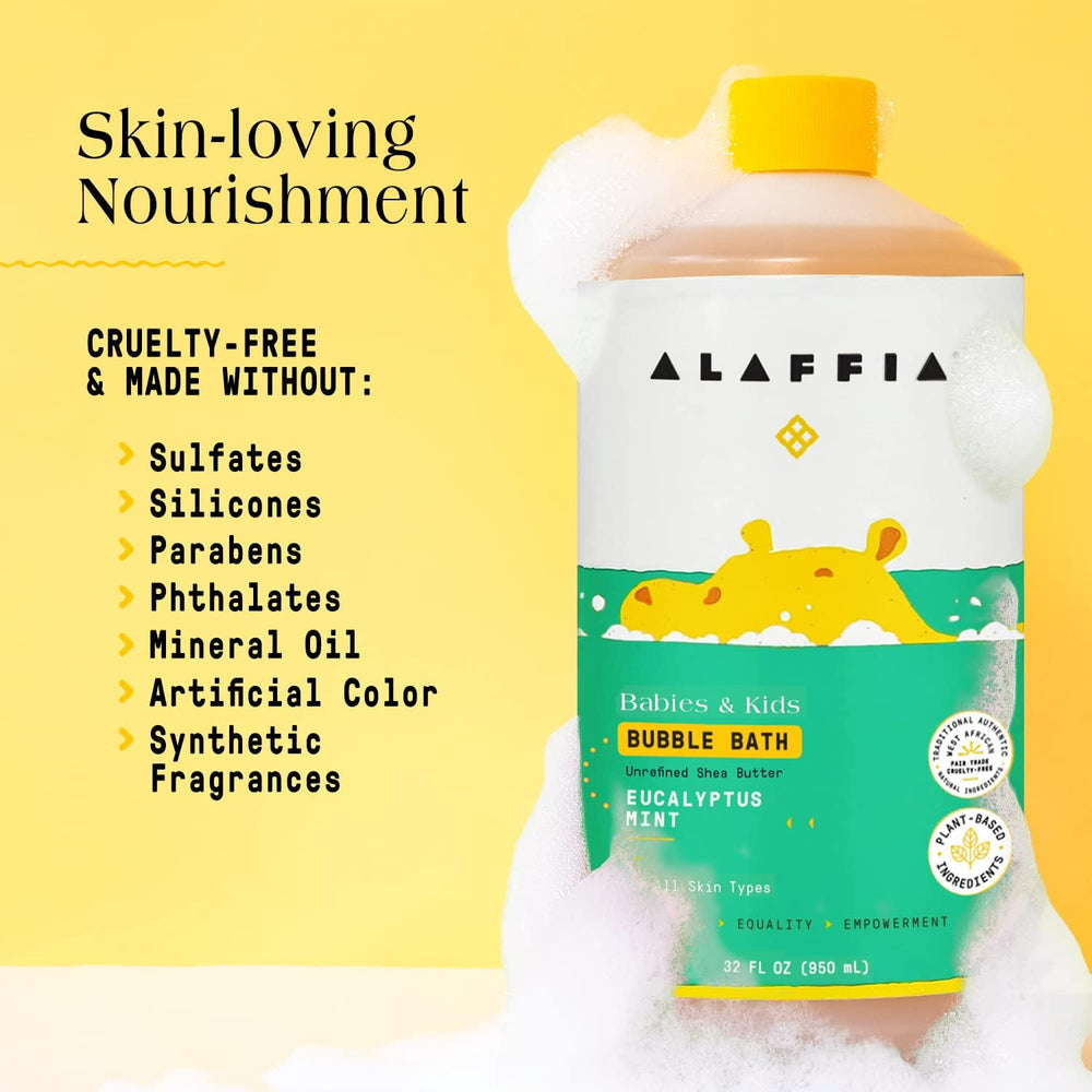 Alaffia 32 oz bottle shown, ideal for family bath time.