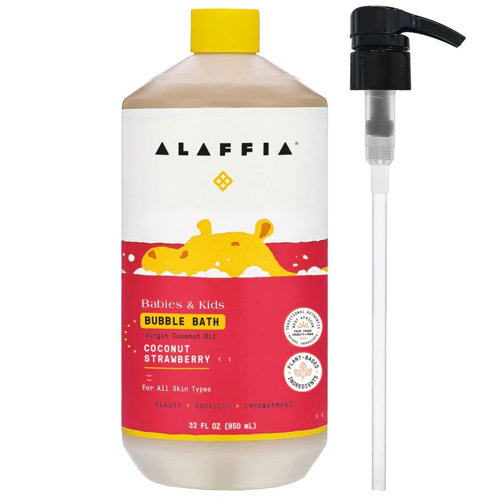 Alaffia bubble bath bottle with pump, gentle bathtime cleansing.