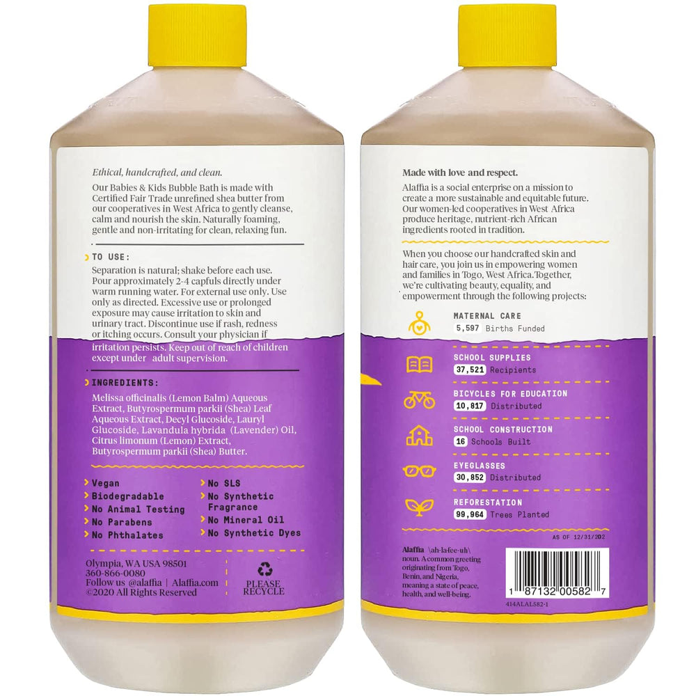 Alaffia Babies Bubble Bath pump close-up showing natural formula for sensitive skin.