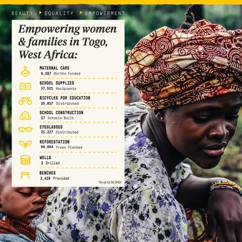 Alaffia sustainable packaging with West African community impact icon.