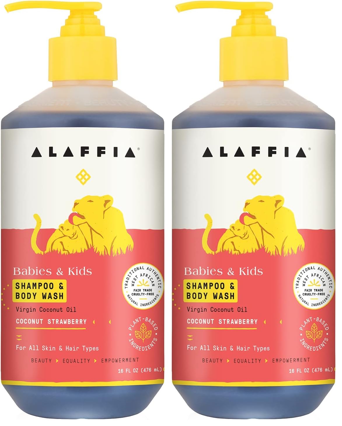 Alaffia babies shampoo bottle with coconut-strawberry scent for gentle cleansing.