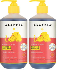Alaffia babies shampoo bottle with coconut-strawberry scent for gentle cleansing.