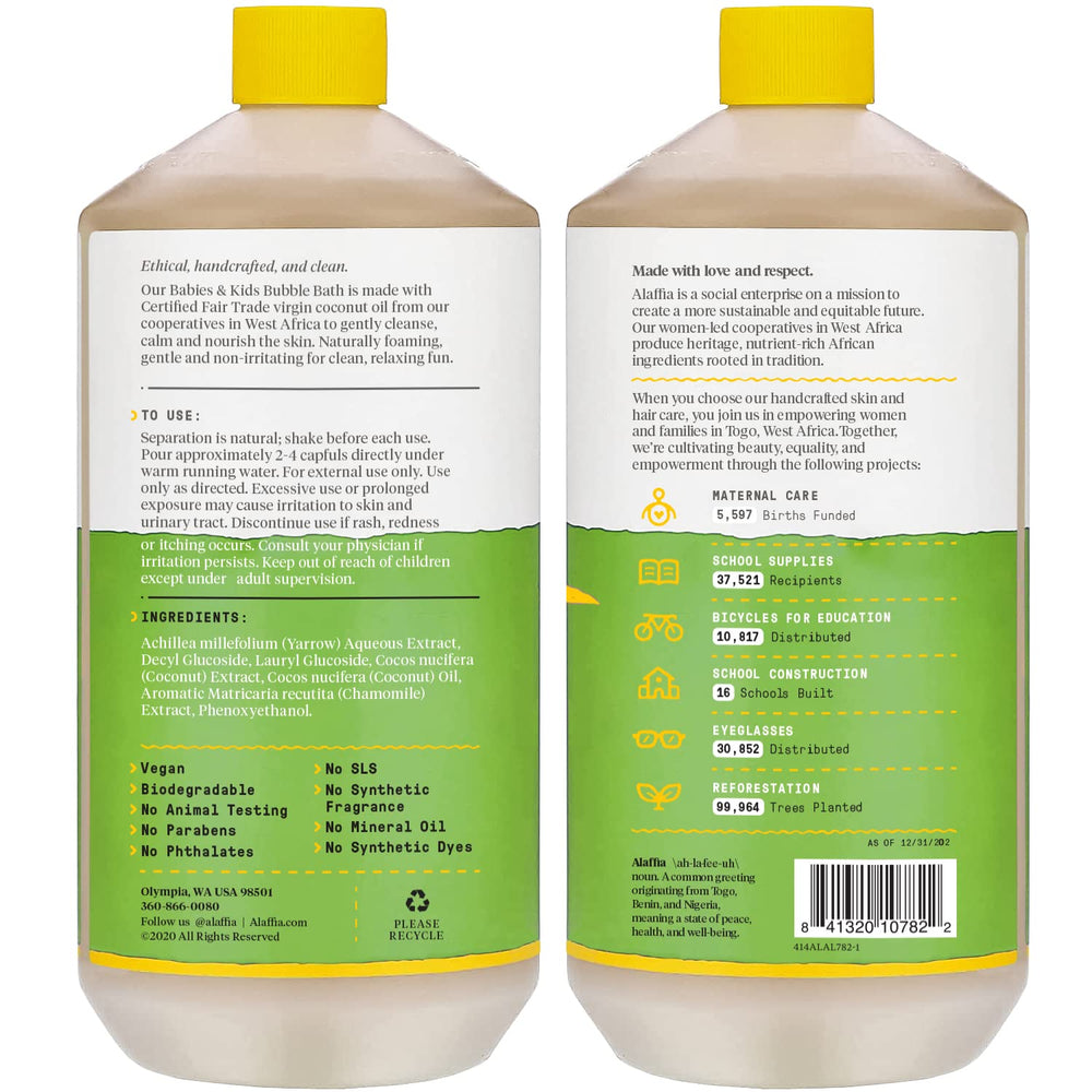 Close-up of chamomile and coconut oils in Alaffia bubble bath for calming hydration.