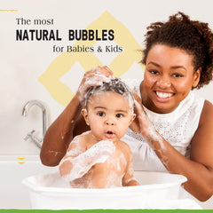 Coconut oil and chamomile ingredients highlight natural moisture in Alaffia bubble bath.