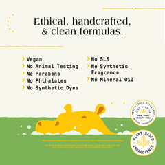 Shea butter in Alaffia bubble bath provides calming moisture for delicate skin.