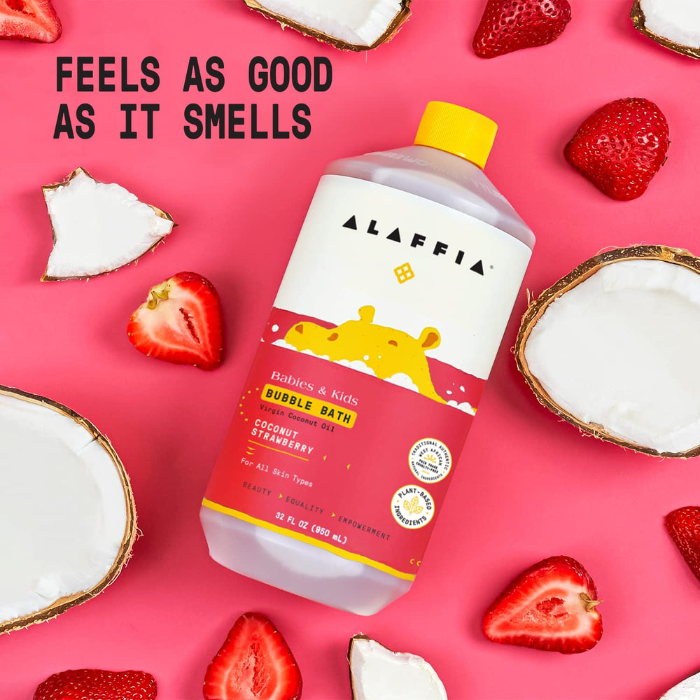 Coconut strawberry bubbles fill tub for joyful play.