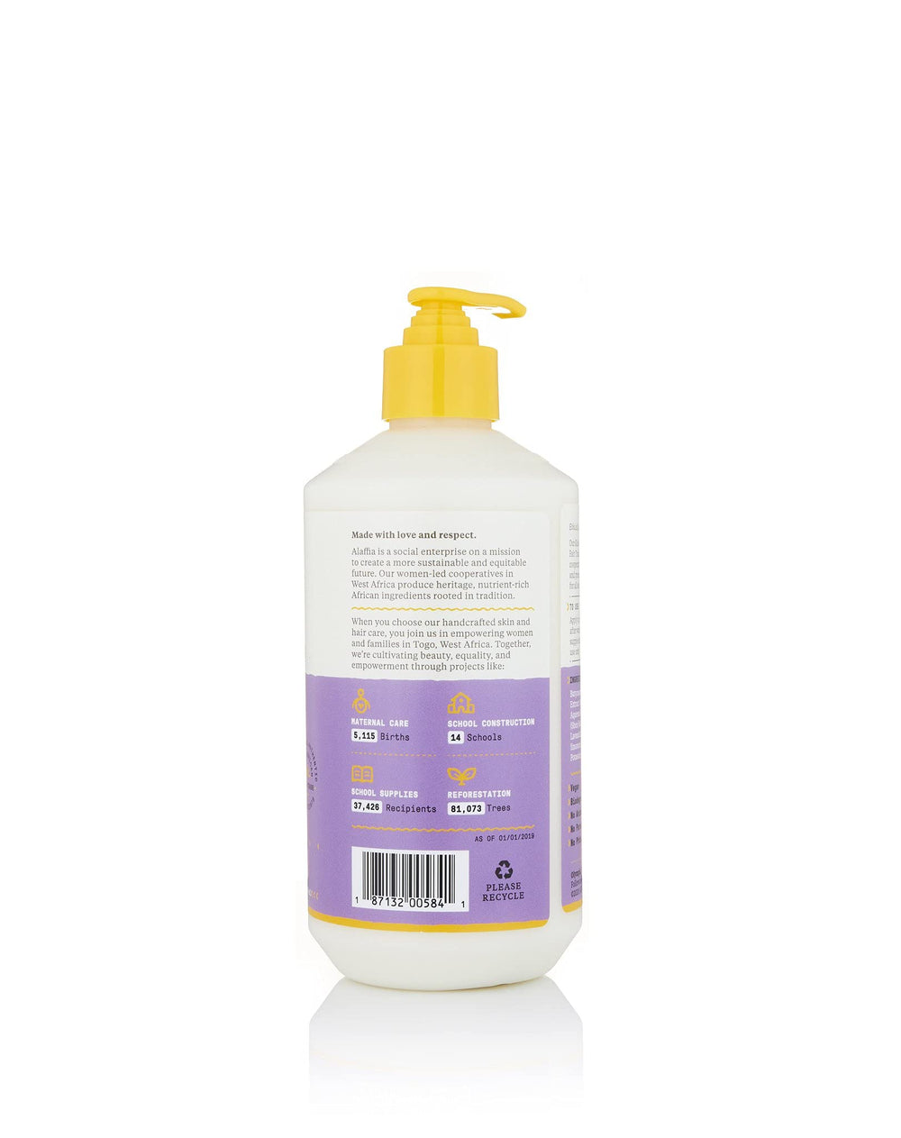 Alaffia Everyday Shea Body Lotion packaging highlights ethically sourced fair-trade ingredients.