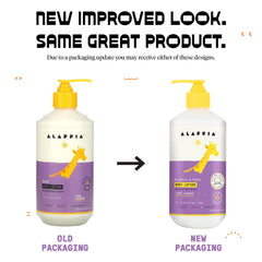 Alaffia Everyday Shea Body Lotion label close-up shows lemon balm and lavender soothing scent.