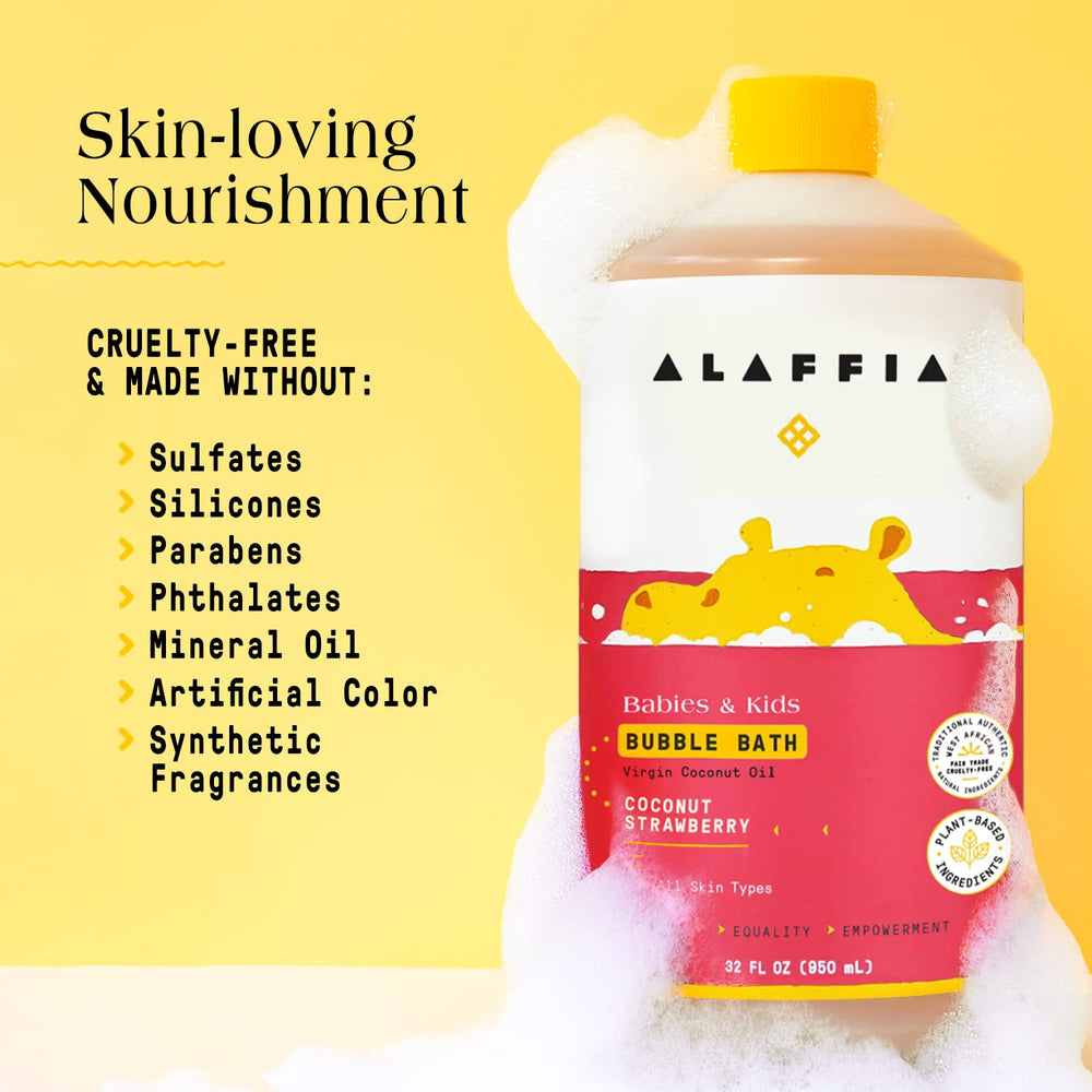 Natural, cruelty-free label on Alaffia bath bottle.