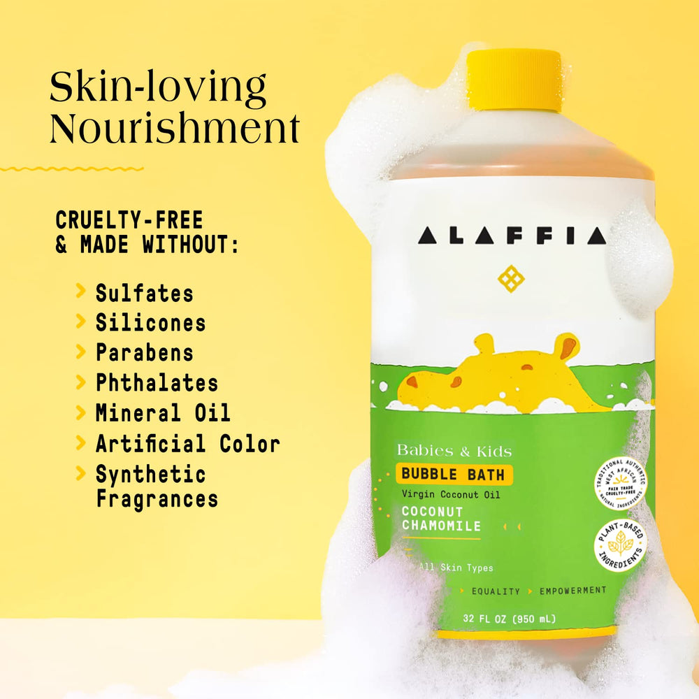 Plant-based formula label on Alaffia bubble bath highlights sulfate- and paraben-free ingredients.
