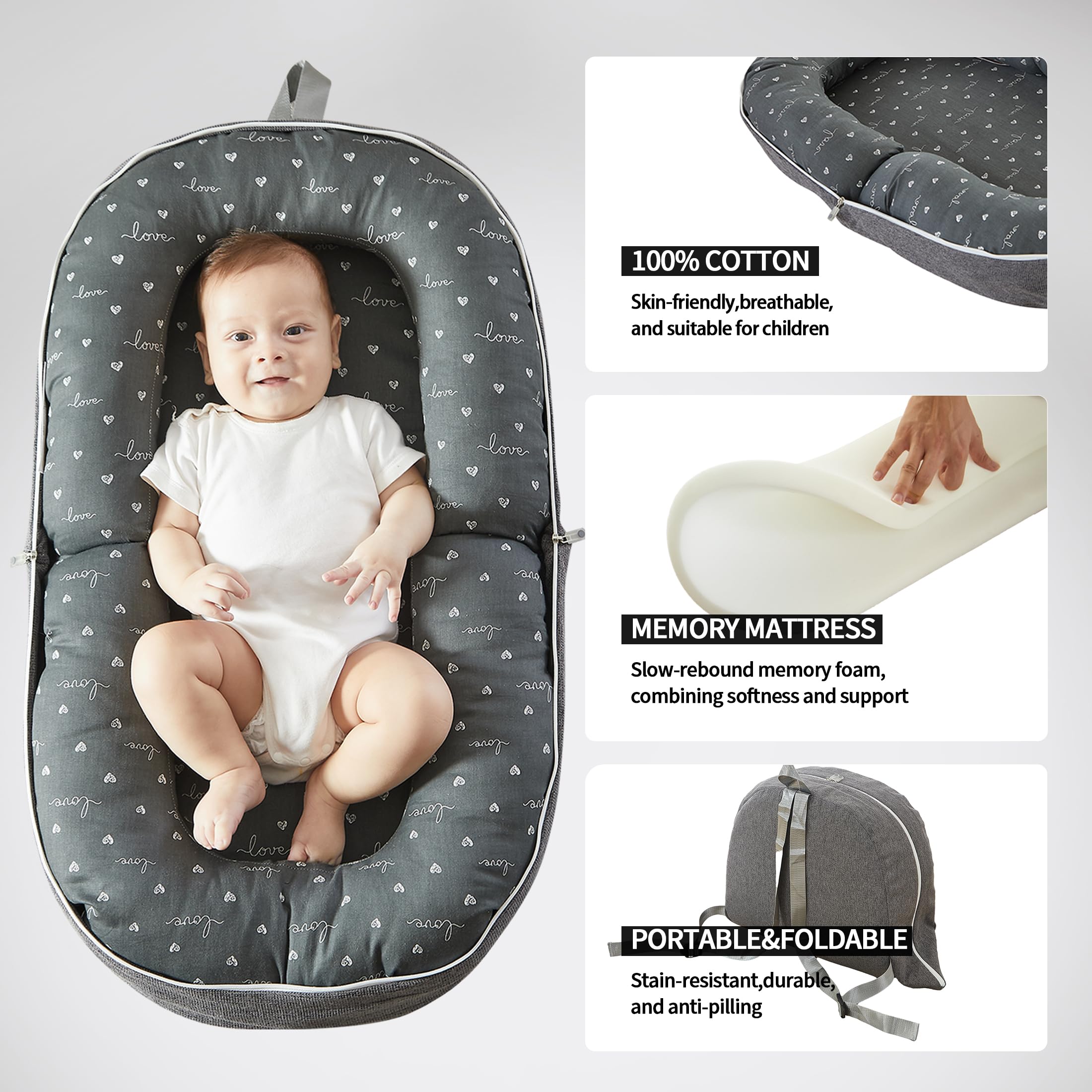 AlamzBeaba baby lounger gray removable cover simplifies cleaning and maintenance