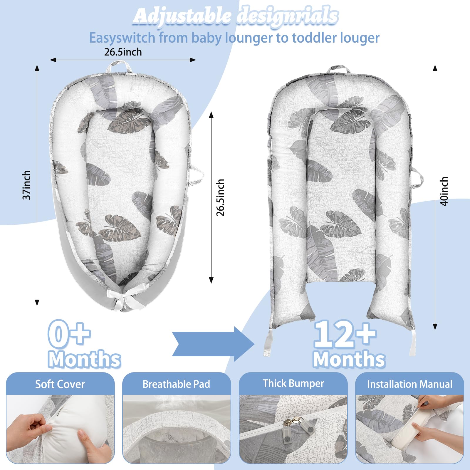 Alened baby lounger breathable cotton fabric offers skin-friendly comfort.