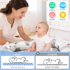 Alened baby lounger during tummy time on the floor supports gentle play.
