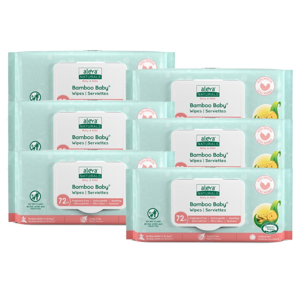 Aleva Naturals Bamboo Baby Sensitive Wipes packaging, unscented and gentle for delicate skin.