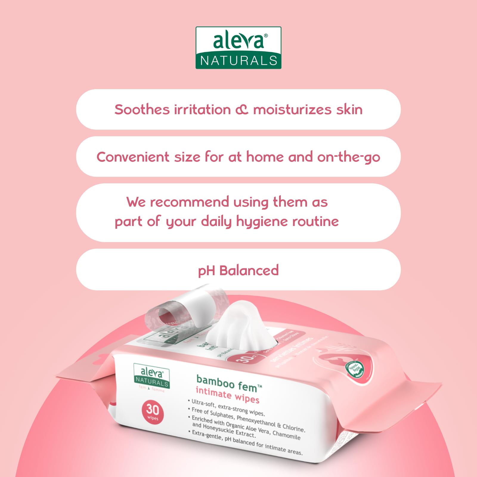Hypoallergenic label on Bamboo Fem Wipes indicating pregnancy- and postnatal-friendly care.