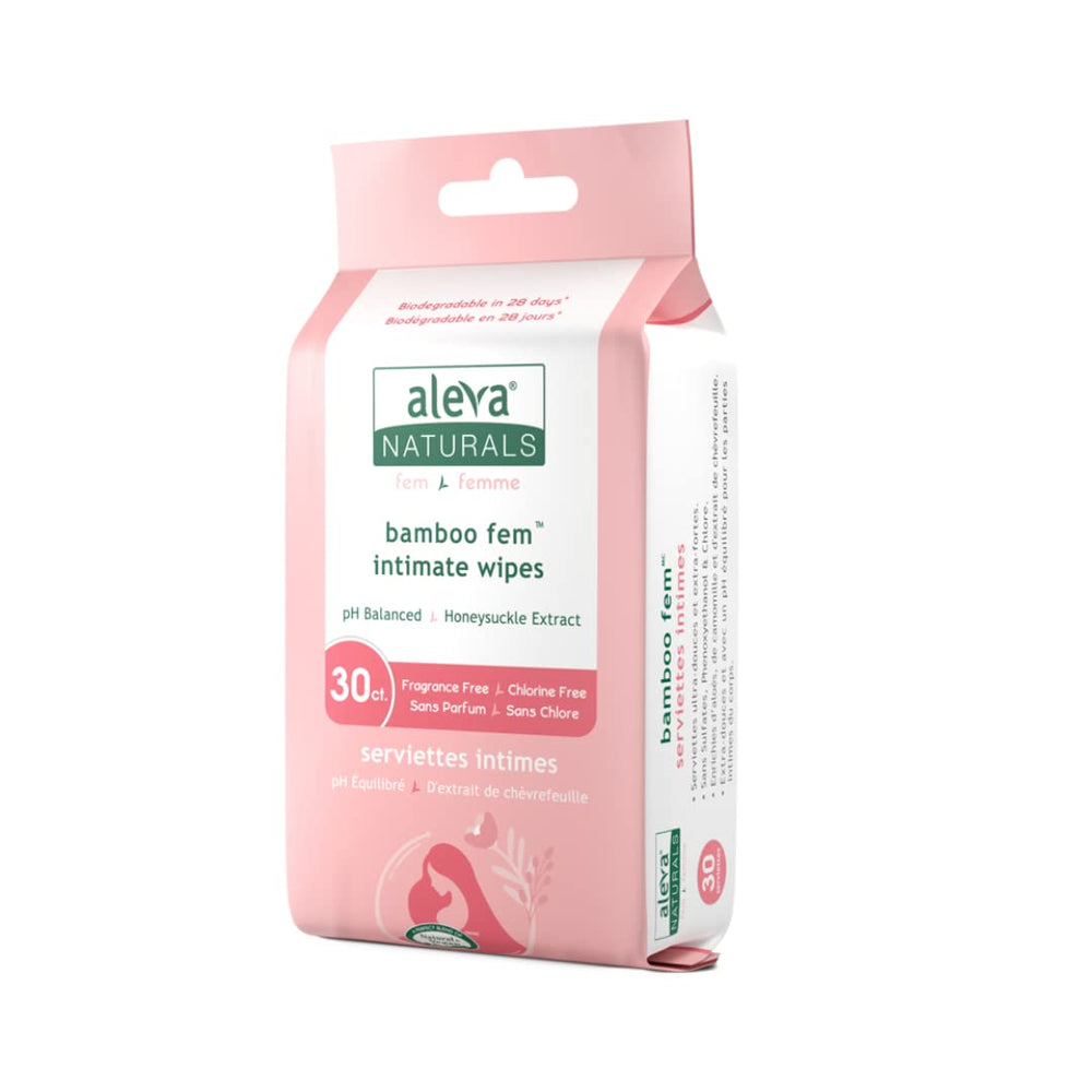 Aleva Naturals Bamboo Fem Wipes packaging shows a gentle, fragrance-free cleanse for sensitive areas.