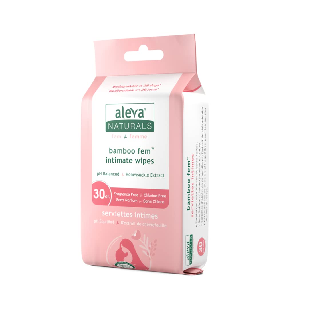 Aleva Naturals Bamboo Fem Wipes packaging shows a gentle, fragrance-free cleanse for sensitive areas.