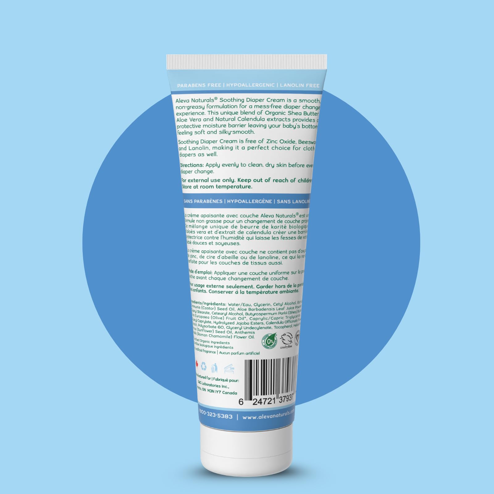 Aleva Naturals packaging with Canada-made note and natural ingredients