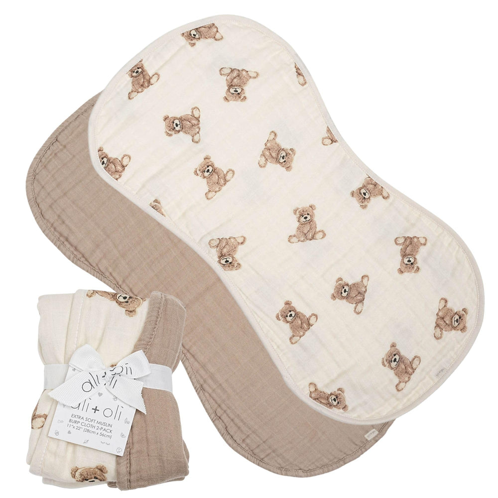 Ali+Oli teddy-taupe muslin burp cloths provide soft, high-absorbency protection.